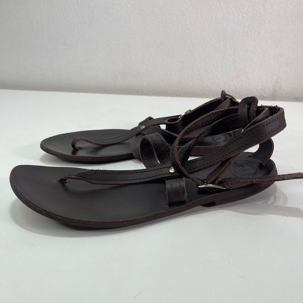 Espresso Brown Women 38 (7) Thong Strappy Sandals Leather Rubbersole Made Greece